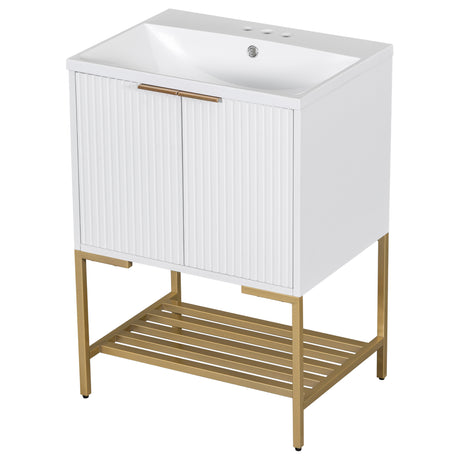 24" Bathroom Vanity with Sink, Bathroom Vanity Cabinet with Two Doors and Gold Metal Frame, Open Storage Shelf, White - V.I.P Digital Presence