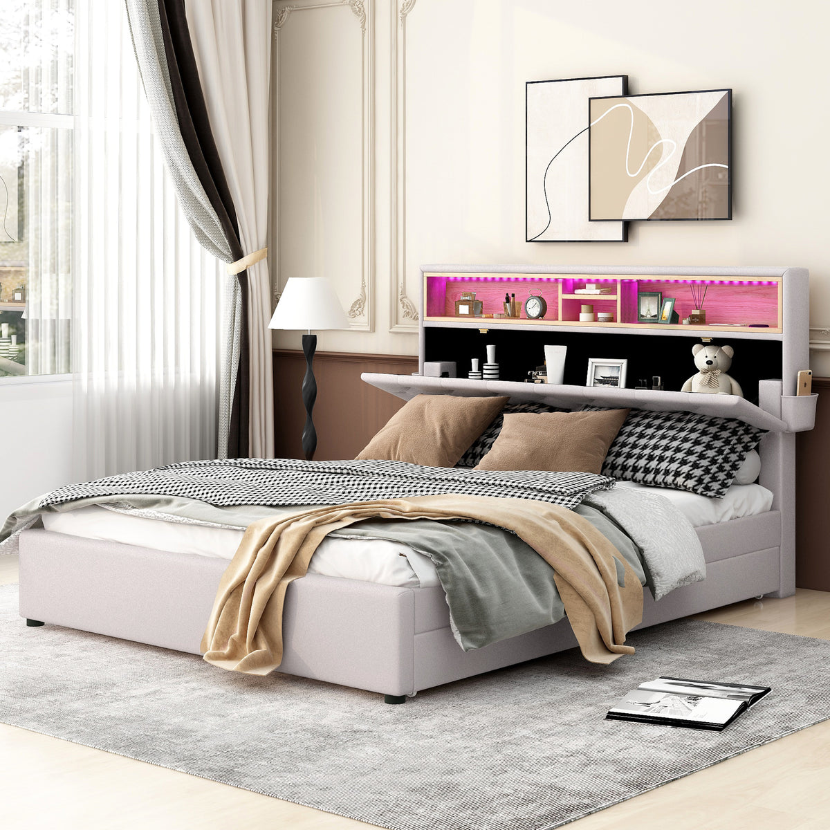 Queen Size Upholstered Platform Bed with Storage Headboard  LED  USB Charging and 2 Drawers  Beige