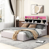 Queen Size Upholstered Platform Bed with Storage Headboard  LED  USB Charging and 2 Drawers  Beige