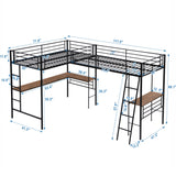 Twin Size Metal Loft Bed with Two Built-in Desks Black
