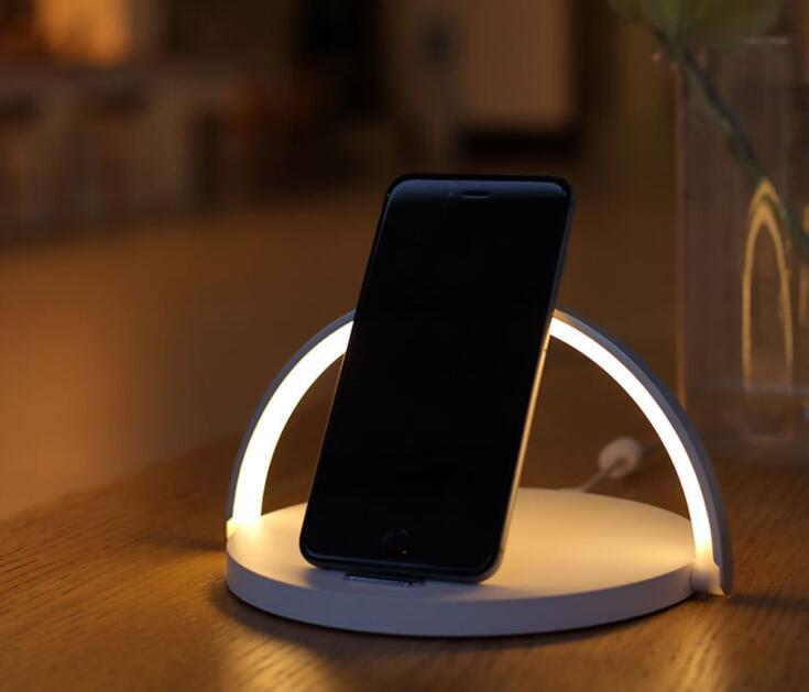 Lámpara de carga inalámbrica Qi de madera con soporte de luz nocturna para Samsung Galaxy S10e, Note10, 9 Plus y Xiaomi. 