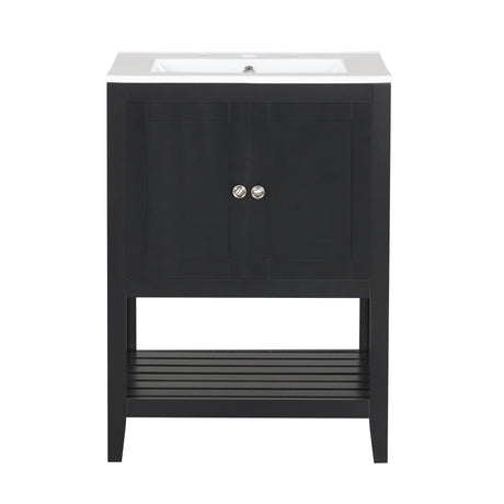 24" Black Modern Sleek Bathroom Vanity Elegant Ceramic Sink with Solid Wood Frame Open Style Shelf - V.I.P Digital Presence