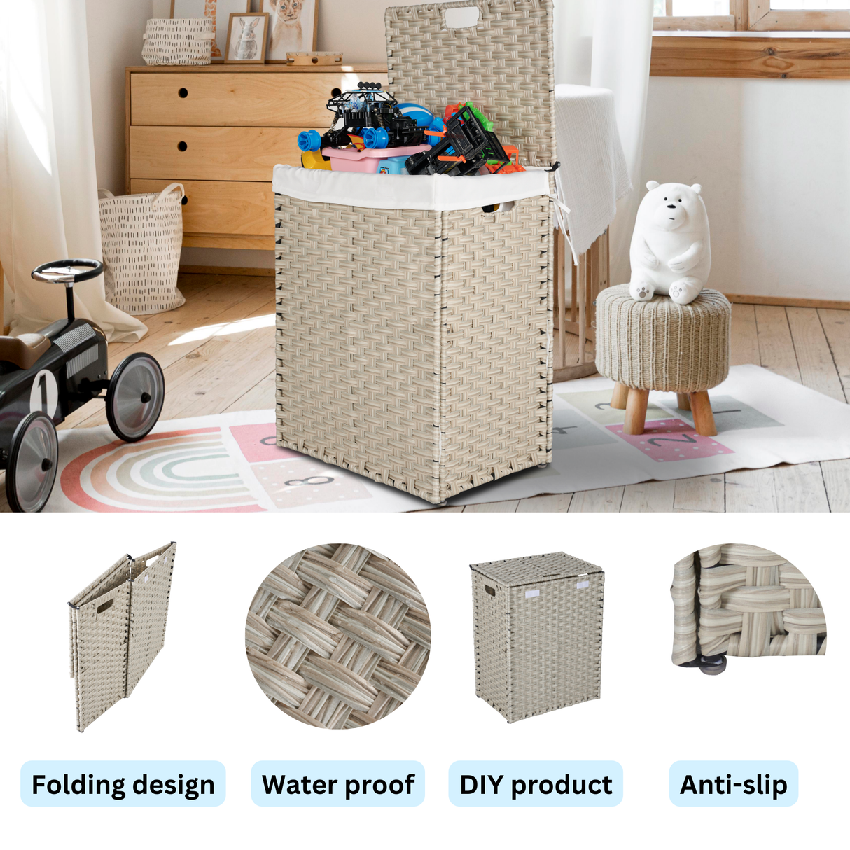 Laundry Hamper With Lid PE Rattan Powder Coating Frame Clothes Hampers with 02 Removable Bags, 100L, Grey Color - V.I.P Digital Presence