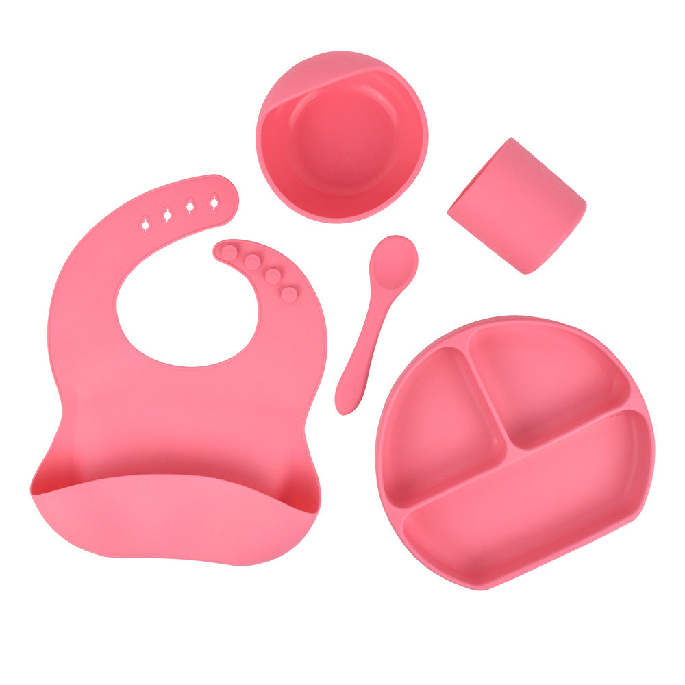 Juego de vajilla de silicona para niños, vajilla de alimentación complementaria para bebés, con bolsillo para saliva, ventosa, tazón, cuchara, plato de cena, babero, juego de 5 piezas