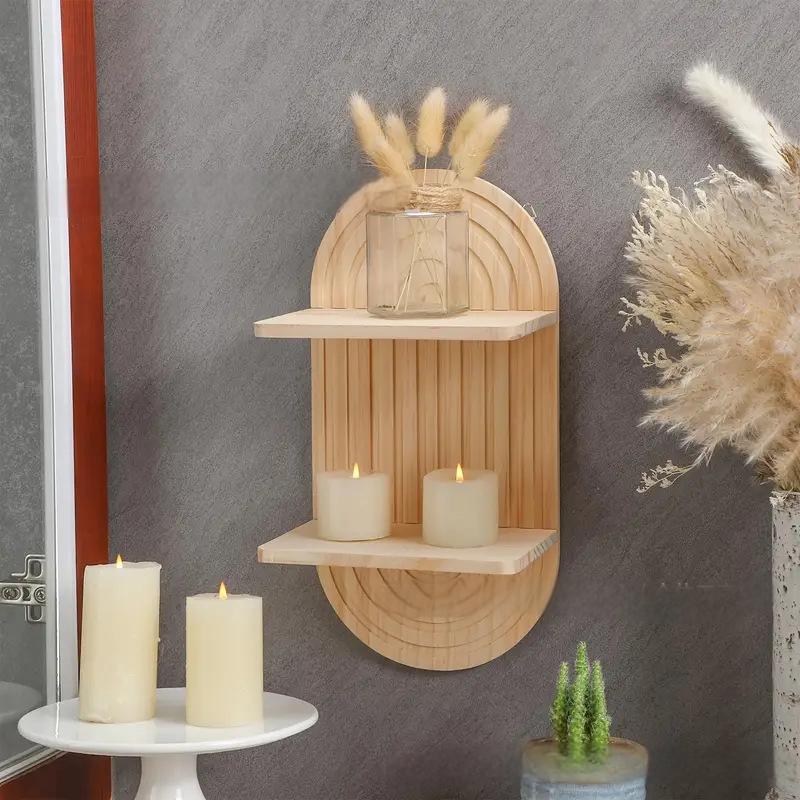 Bohemian style wooden arched wall hanging double layered candlestick vase suitable for decorating living room and bedroom walls - V.I.P Digital Presence