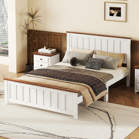 Full Size Wood Platform Bed Wooden Slat Support, Vintage Simple Bed Frame with Rectangular Headboard and Footboard, White - V.I.P Digital Presence