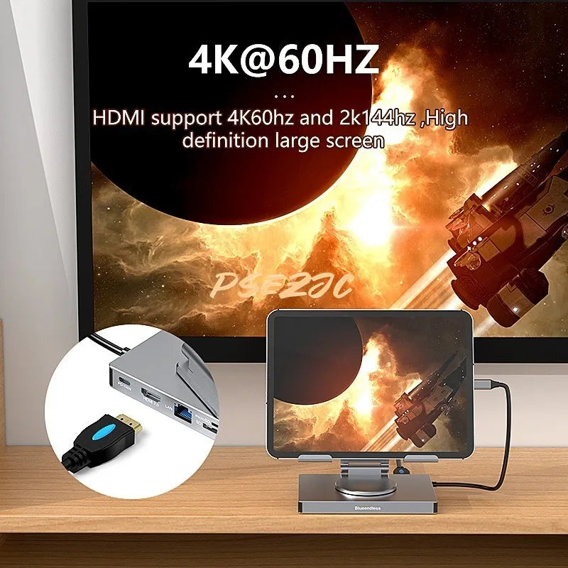 Concentrador/convertidor divisor USB 3.0 con puerto Gigabit Ethernet 4K/60 Hz, soporte giratorio de panel plano, estación de acoplamiento tipo C