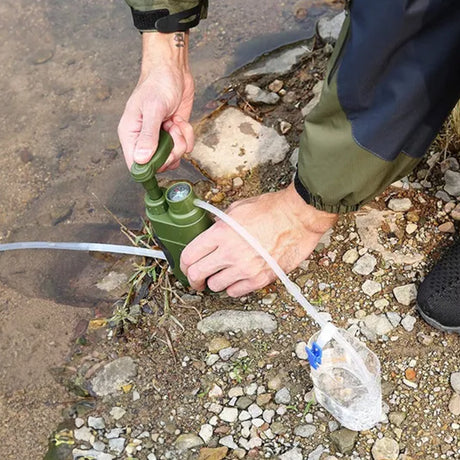 A portable outdoor water filter pump with a 0.01-micron, 3-stage filtration system, suitable for hiking and camping. - V.I.P Digital Presence