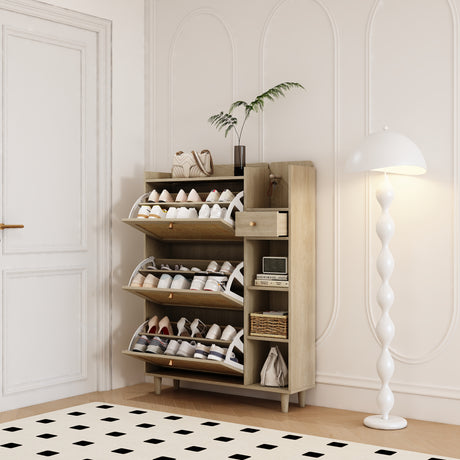 Natural Bohemian style shoe cabinet with 3 rattan flip drawers, 3 square shelves, and 1 storage drawer,  Natural - V.I.P Digital Presence