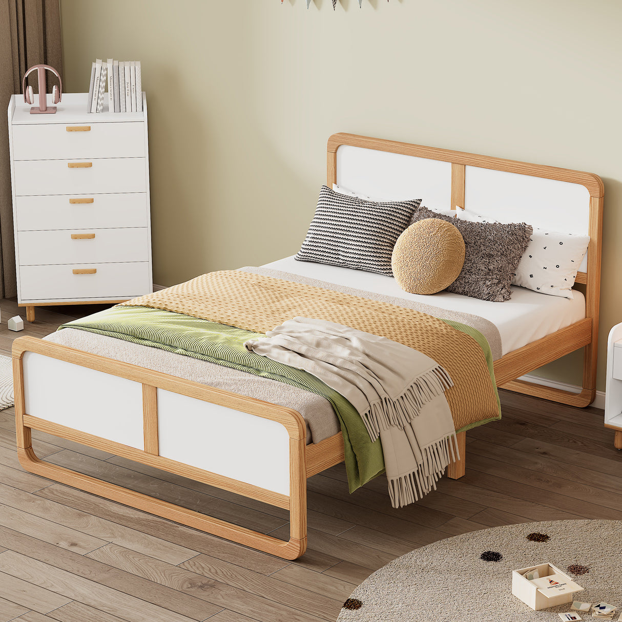 Modern Style Queen Size Solid Wood Platform Bed for Kids, Teens, Adults, No Need Box Spring, Walnut and White - V.I.P Digital Presence