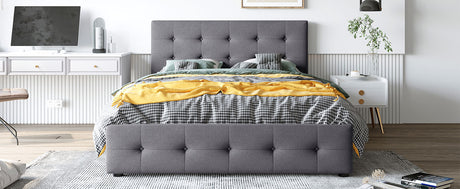 Upholstered Platform Bed with Classic Headboard and 4 Drawers No Box Spring Needed Linen Fabric Queen Size Dark gray - V.I.P Digital Presence