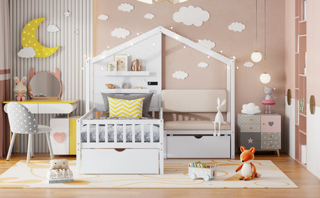 Twin Size House Bed with Upholstered Sofa, House Bed with Charging Station, Wireless Charging, Shelves and Two Drawers, White - V.I.P Digital Presence