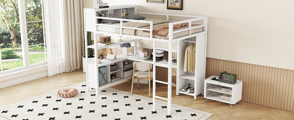 Metal loft bed with wardrobe and L-shaped desk, full-size loft bed with storage cabinet and shelf, white - V.I.P Digital Presence