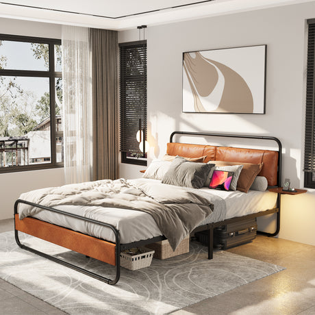 King Size Metal Bed Frame with Upholstered Headboard, with wireless charging and USB A & USB C, Touch LED light Vintage Brown - V.I.P Digital Presence