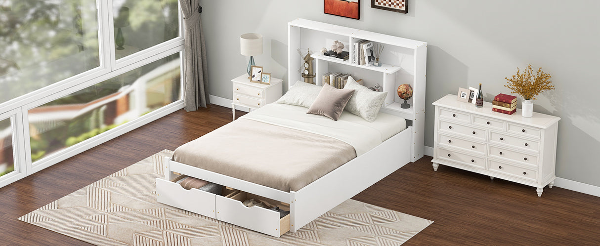Full Size Platform Bed with Storage Headboard and 2 Drawers, White - V.I.P Digital Presence
