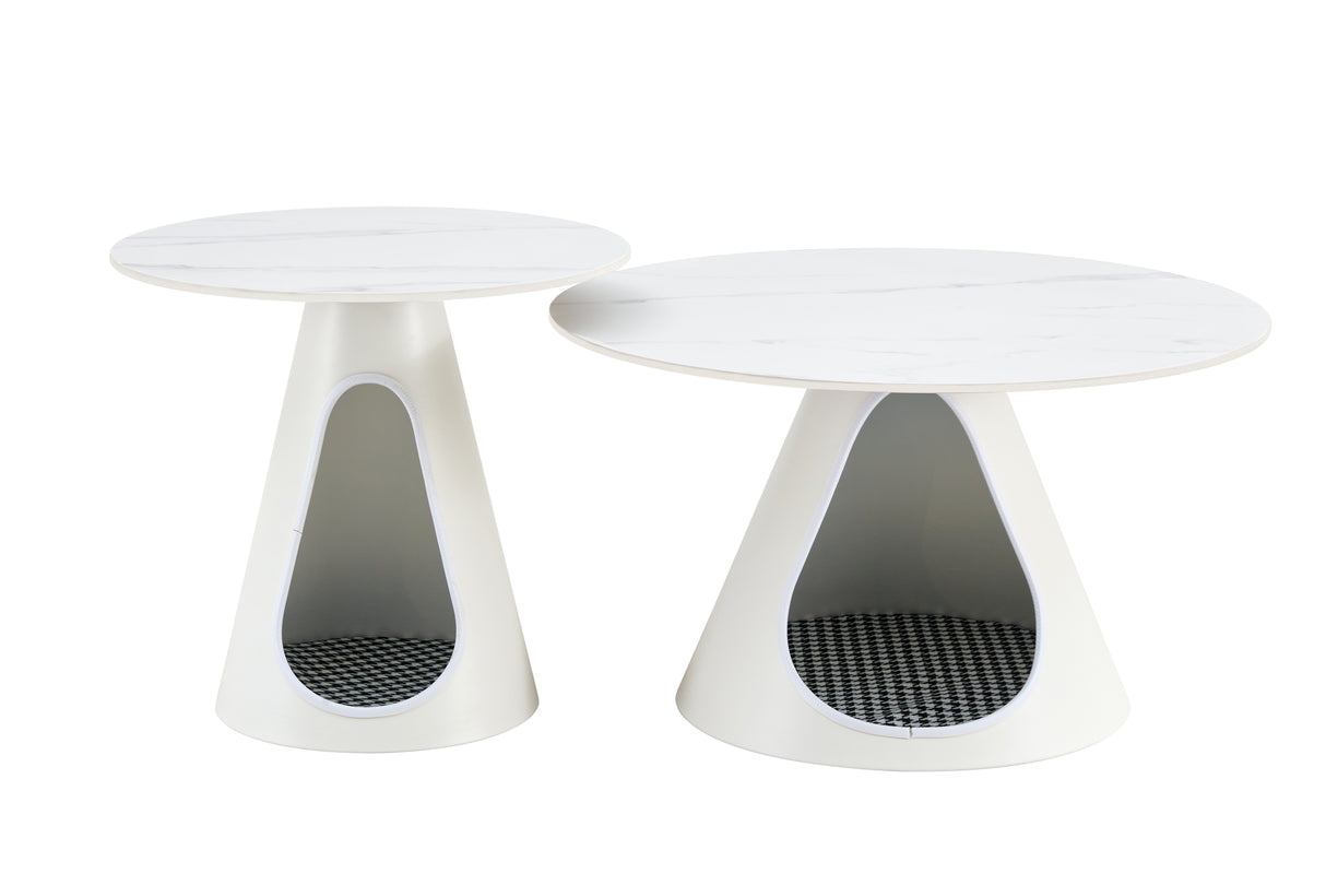 set of 2 coffee round tables with a marble-look top and steel base with 2 cat beds multifunctional and stylish entable - V.I.P Digital Presence