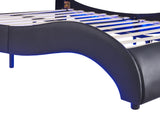 Queen Size Upholstered Faux Leather Platform Bed with LED Light Bed Frame with Slatted - Black - V.I.P Digital Presence