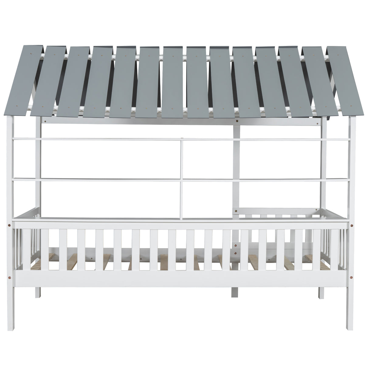 Wood Twin Size House Bed with Roof, Guardrail and Shelves, White - V.I.P Digital Presence
