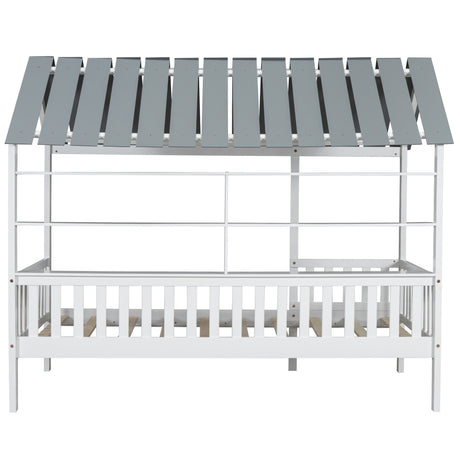 Wood Twin Size House Bed with Roof, Guardrail and Shelves, White - V.I.P Digital Presence