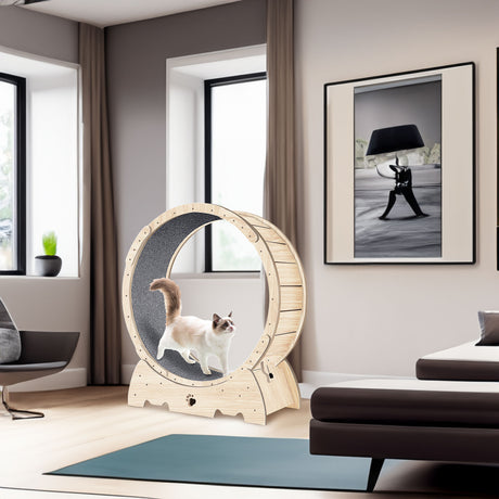 Cat Exercise Wheel for Indoor Cats, Cat Running Wheel with Carpeted Runway 37" Natural Wood Color - V.I.P Digital Presence