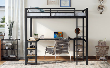 Full metal loft bed with desk and shelf, loft bed with ladder and guardrail, bedroom loft bed frame, black - V.I.P Digital Presence