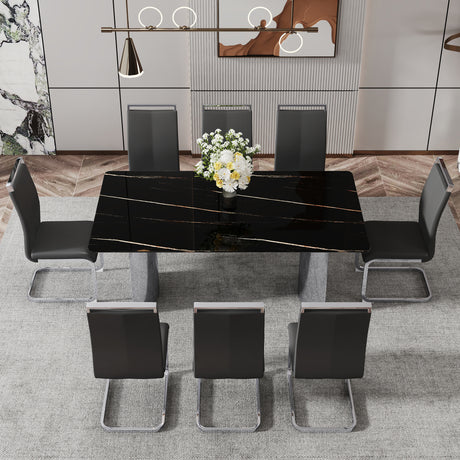 Modern minimalist dining table The black imitation marble glass desktop is equipped with silver metal legs - V.I.P Digital Presence