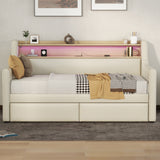 Twin Size Daybed with Storage Drawers, Upholstered Daybed with Charging Station and LED Lights, Beige - V.I.P Digital Presence