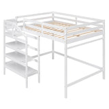 Full Size Loft Bed with Built-in Storage Staircase and Hanger for Clothes  White