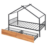 Twin Size Metal House Bed with Two Drawers, Black - V.I.P Digital Presence