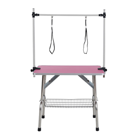 36 inch folding pet grooming table with stainless steel frame and rubber pad, equipped with adjustable armrests and clips (pink) - V.I.P Digital Presence