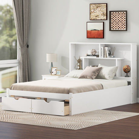 Full Size Platform Bed with Storage Headboard and 2 Drawers, White - V.I.P Digital Presence