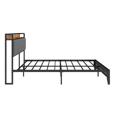 Full Size Bed Frame with Charging Station, Upholstered Headboard, Metal Platform, Grey - V.I.P Digital Presence