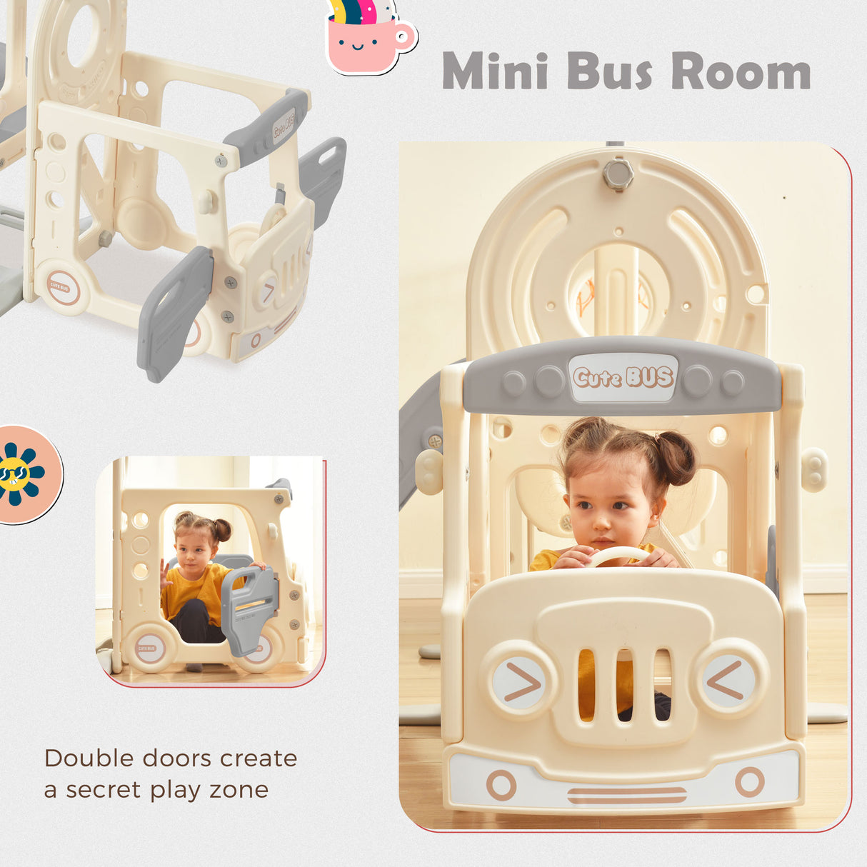 Kids Slide with Bus Play Structure Freestanding Bus Toy with Slide for Toddlers Bus Slide Set with Basketball Hoop