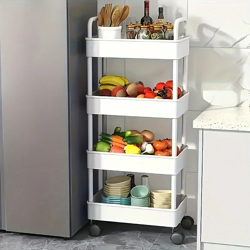 White rolling storage cart. Multifunctional, open shelves for books, ideal for kitchen & bedroom storage - V.I.P Digital Presence