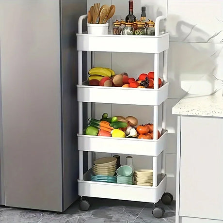 White rolling storage cart. Multifunctional, open shelves for books, ideal for kitchen & bedroom storage - V.I.P Digital Presence