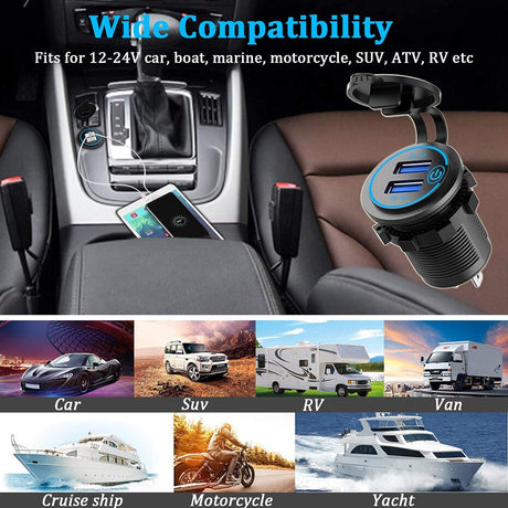 36W QC 3.0 Touch Switch Waterproof Universal Motorcycle Car Truck Boat Dual USB Charger Socket For Phone Tablet Camera GPS DVR - V.I.P Digital Presence