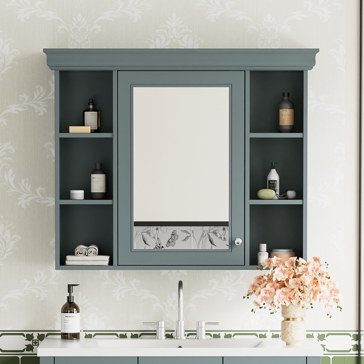 35 ''x 28' 'blue wall mounted bathroom storage cabinet with mirror door and medication cabinet with 6 open shelves - V.I.P Digital Presence