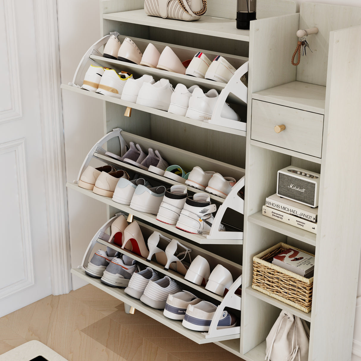 Natural Bohemian style shoe cabinet with 3 rattan flip drawers, 3 square shelves, and 1 storage drawer, white - V.I.P Digital Presence