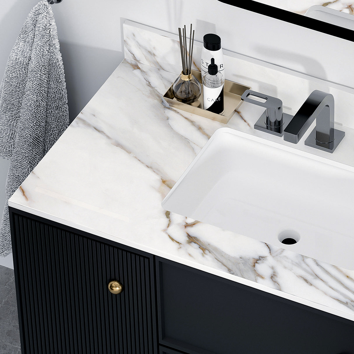 43 inch marble countertop with base rectangular central sink and 4-inch high splash guard, pre drilled 8-inch faucet hole ，white - V.I.P Digital Presence