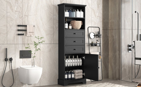Black high storage cabinet with 3 drawers and adjustable shelves, MDF board painted - V.I.P Digital Presence