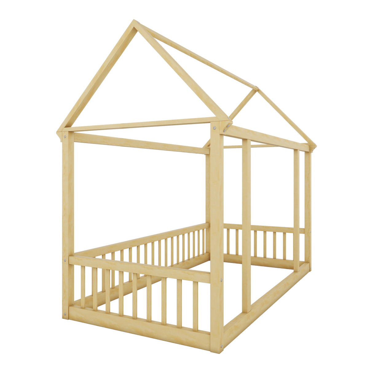 Twin Size Floor Wooden Bed with House Roof Frame and Safety Guardrails,Natural - V.I.P Digital Presence