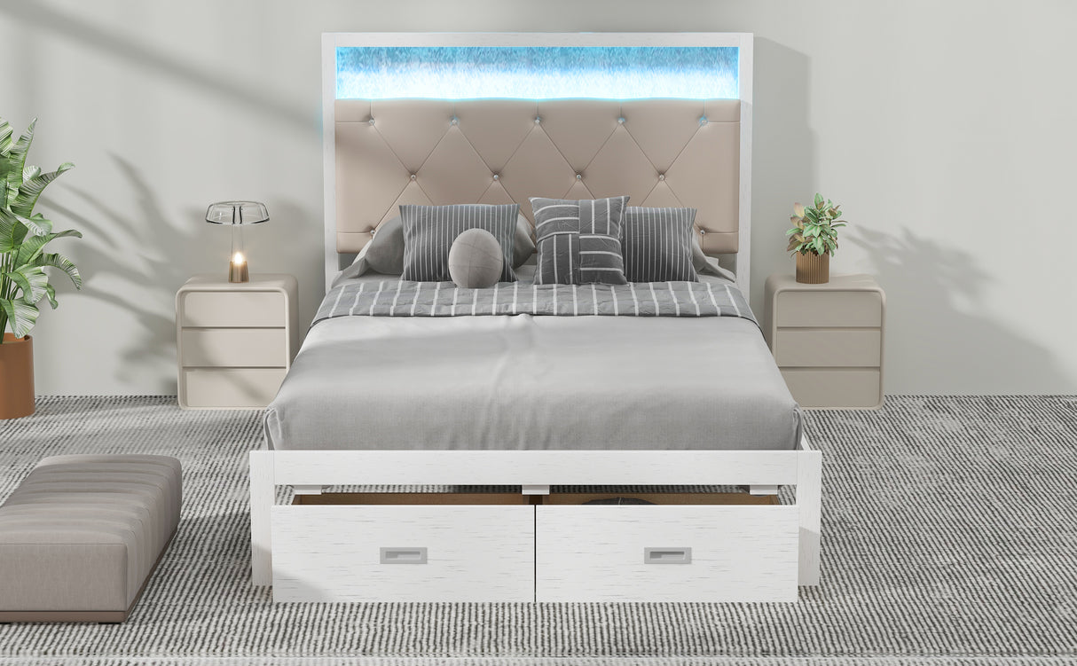 Wood Full Size Platform Bed with Upholstered Headboard and LED and 2 Drawers, Antique White - V.I.P Digital Presence