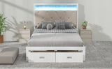 Wood Full Size Platform Bed with Upholstered Headboard and LED and 2 Drawers, Antique White - V.I.P Digital Presence