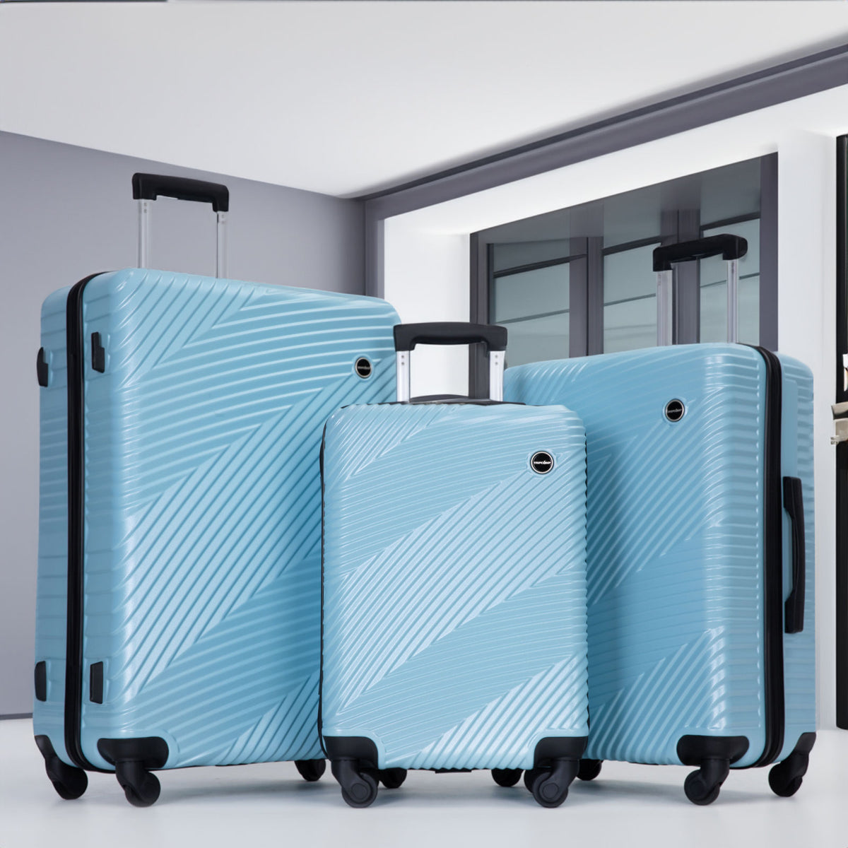 3 Piece Luggage Sets PC+ABS Lightweight Suitcase with Two Hooks Spinner Wheels (20/24/28) Aqua Blue