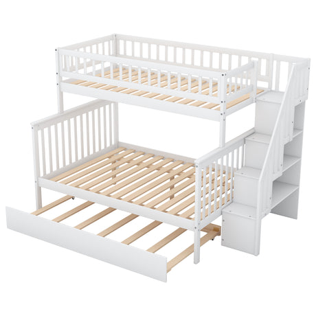 Twin over Full Bunk Bed with Trundle and Staircase White - V.I.P Digital Presence