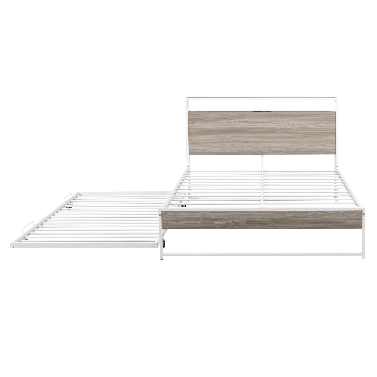 Full Size Metal Platform Bed Frame with Trundle, USB Ports and Slat Support No Box Spring Needed White - V.I.P Digital Presence