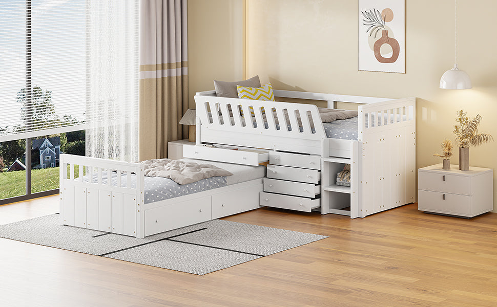 L-shaped Space-Saving Twin Loft and Twin Platform Bed with 7 Drawers and Full Guardrails(WHITE) - V.I.P Digital Presence