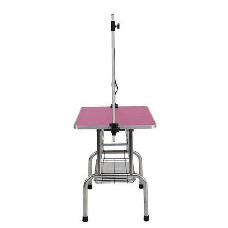 36 inch folding pet grooming table with stainless steel frame and rubber pad, equipped with adjustable armrests and clips (pink) - V.I.P Digital Presence