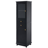 Tall Bathroom Storage Cabinet with Glass Doors, Free-Standing, Two Drawers, and Adjustable Shelves, MDF Board, Painted Black - V.I.P Digital Presence