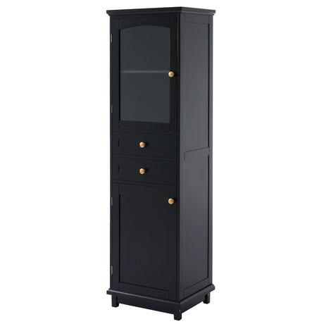 Tall Bathroom Storage Cabinet with Glass Doors, Free-Standing, Two Drawers, and Adjustable Shelves, MDF Board, Painted Black - V.I.P Digital Presence